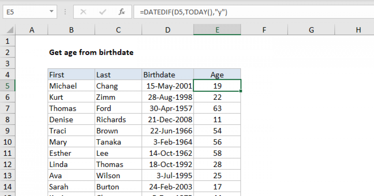 Get age from birthday Excel formula Exceljet